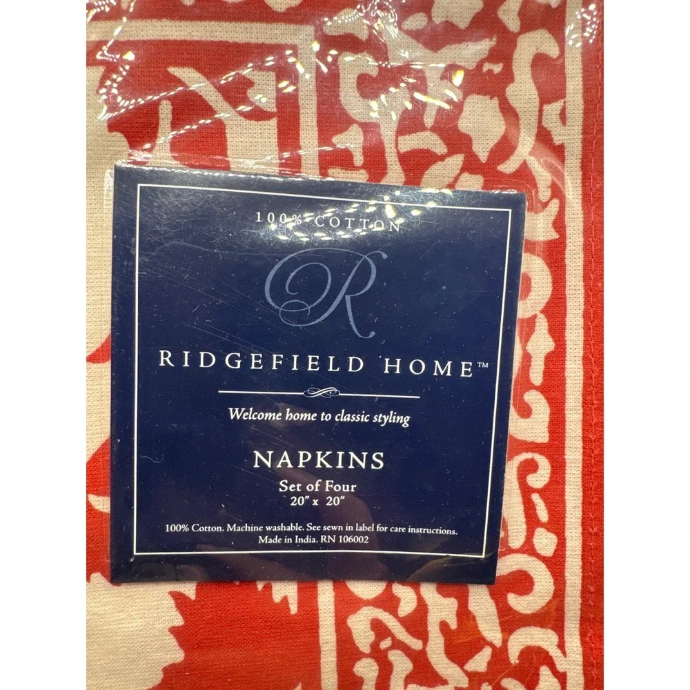 Ridgefield Home Red Cream Floral Cotton Napkins Set of 4 20x20 Square India New